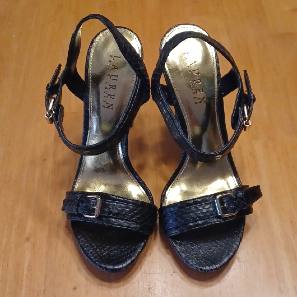 Lauren Ralph Lauren Black And Gold Snake Print Ankle-Strap Heels Size 6B NWOT